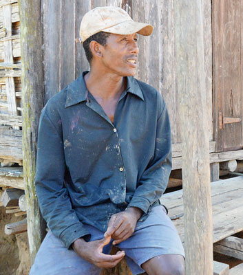 Hoping for improvements: Madagascan vanilla farmer René Totoantsarika, pictured here outside his house, has given careful thought to Symrise’s offers.