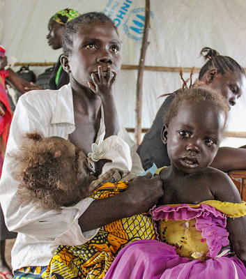Refugees from South Sudan in a reception camp on the Ugandan border