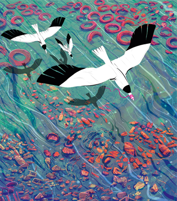 Illustration von zwei Vögeln, die über ein Meer mit sichtbarer Müllverschmutzung wie Plastikflaschen und Plastiktüten fliegen. Das Bild soll auf die Verschmutzung der Meere aufmerksam machen.
