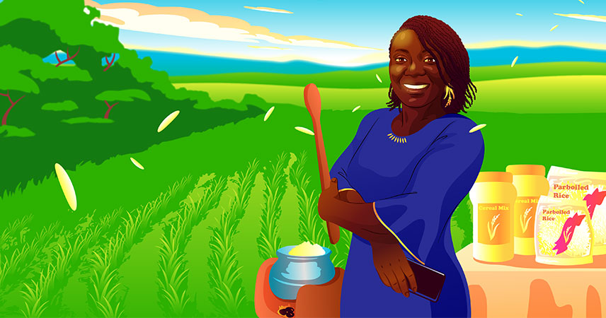 Illustration der 47-Jährigen Bäuerin und Unternehmerin Janet Adade in Ghana. Sie trägt ein blaues Kleid, lächelt und hält einen Kochlöffel in der Hand. Neben ihr sind Lebensmittel aufgestellt und der Hintergrund zeigt eine grüne Landschaft.