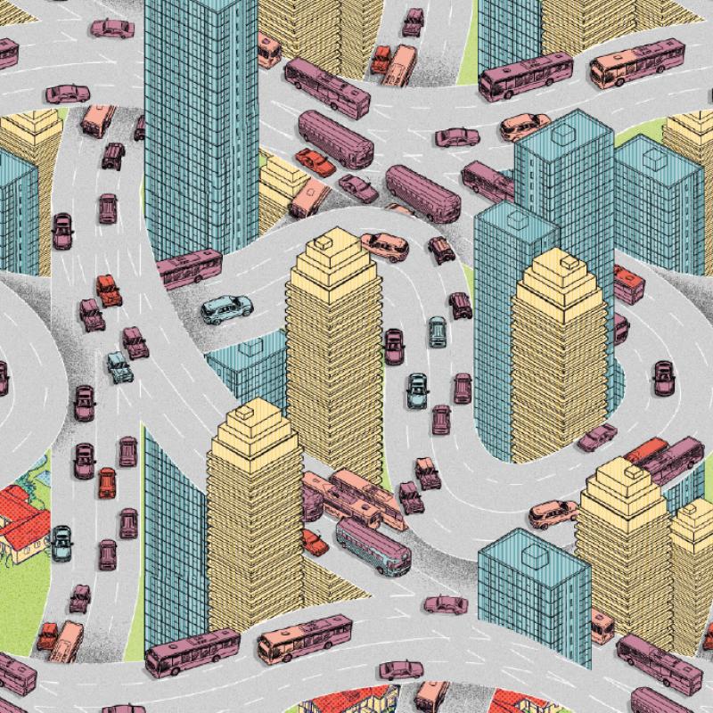 Überblick einer Stadtzeichnung mit Straßen, auf denen Autos unterschiedlicher Farben fahren. Zwischen den Straßen stehen Gebäude mit variierenden Höhen, einige sind flach, andere sind hohe Wolkenkratzer. Die Darstellung ist farbig und aus einer Vogelperspektive gezeichnet.