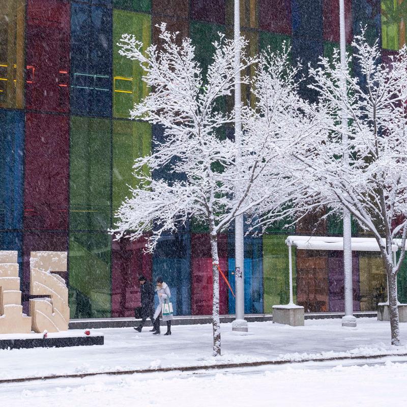 Colourful building in the snow with people and "COP15" logo