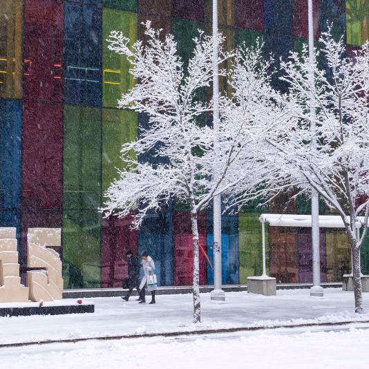 Bunte Häuserfront im Schnee mit Personen und Logo „COP15“