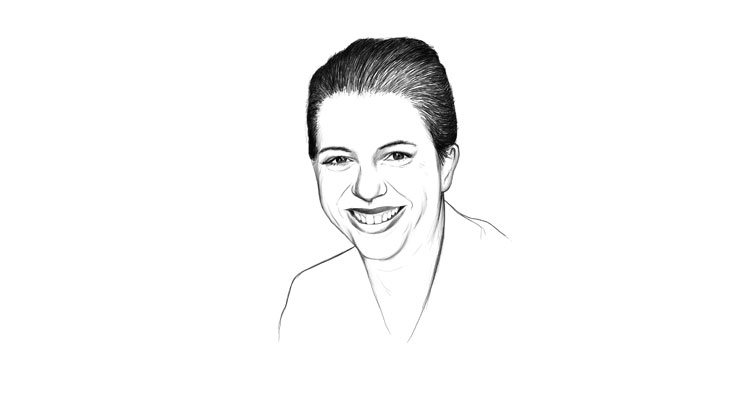Eine schwarz-weiße Zeichnung eines lächelnden Gesichts einer Frau mit zurückgezogenen Haaren. Sie blickt direkt in die Kamera, und ihr Gesichtsausdruck ist freundlich und einladend.