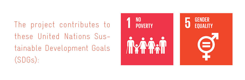 Text, der besagt, dass dieses Projekt zu den Zielen für nachhaltige Entwicklung der Vereinten Nationen beiträgt. Daneben sind zwei Zeiele der UN als Grafiken dargestellt: Ziel 1 keine Armut und Ziel 5 Geschlechtergleicheit.