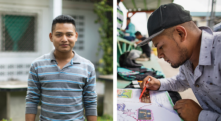 Left: After trying twice to emigrate, Carlos Beltrán is now building a future career in his home country. Right: Together, not alone: young people outside the youth training centre in Ahuachapán.