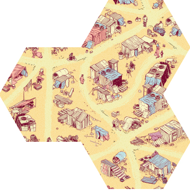 Illustration eines belebten Marktplatzes auf einem honigfarbenen Hintergrund. Die Zeichnung ist detailliert und zeigt verschiedene Stände, Menschen bei der Interaktion und alltäglichen Aktivitäten. Die Szene ist in einem sechseckigen Rahmen dargestellt, der das Bild einrahmt.