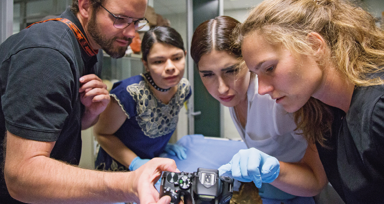 Anthropologist Dalia Miranda (second from left) is a key member of the team. Here, she scrutinises infrared photographs.