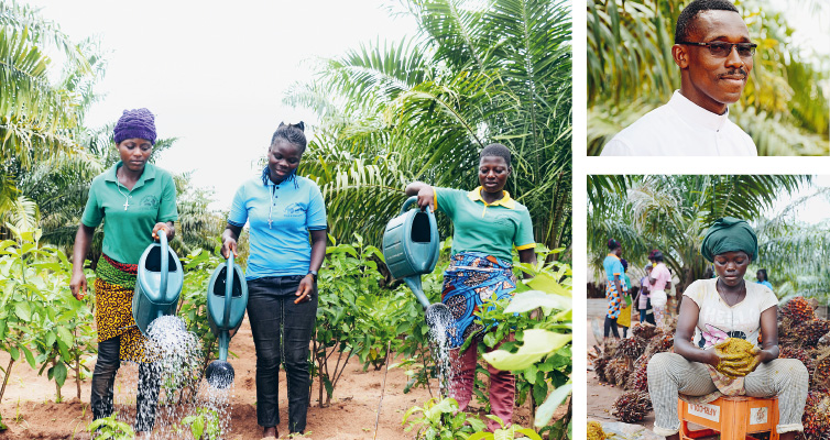 Direktor Wilfried Godjo ist von der Solaranlage  begeistert. Sie macht das Bewässern der Felder  leichter und liefert den Dörfern ein Beispiel für  positive Veränderungen in der Landwirtschaft – dazu zählt auch der Gemüseanbau unter den Palmen. 