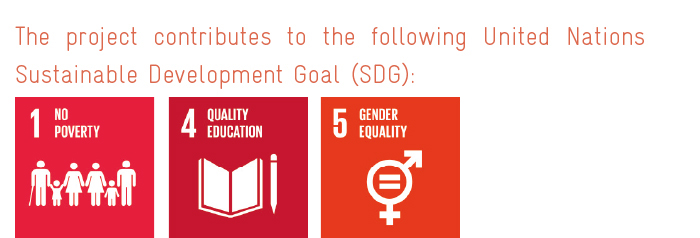 Grafische Darstellung der Ziele für nachhaltige Entwicklung der Vereinten Nationen: Ziel 1 Keine Armut, Ziel 4 Hochwertige Bildung und Ziel 5 Geschlechtergleichheit, abgebildet durch farbige Symbole und Text auf hellem Hintergrund.