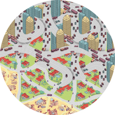 Ein rundes, stilisiertes Bild zeigt eine lebendige, vereinfachte Stadtkarte. Die Grafik umfasst Straßen, die sich kreuzen und verbinden, umrahmt von Hochhäusern, kleineren Gebäuden, grünen Flächen und Fahrzeugen.