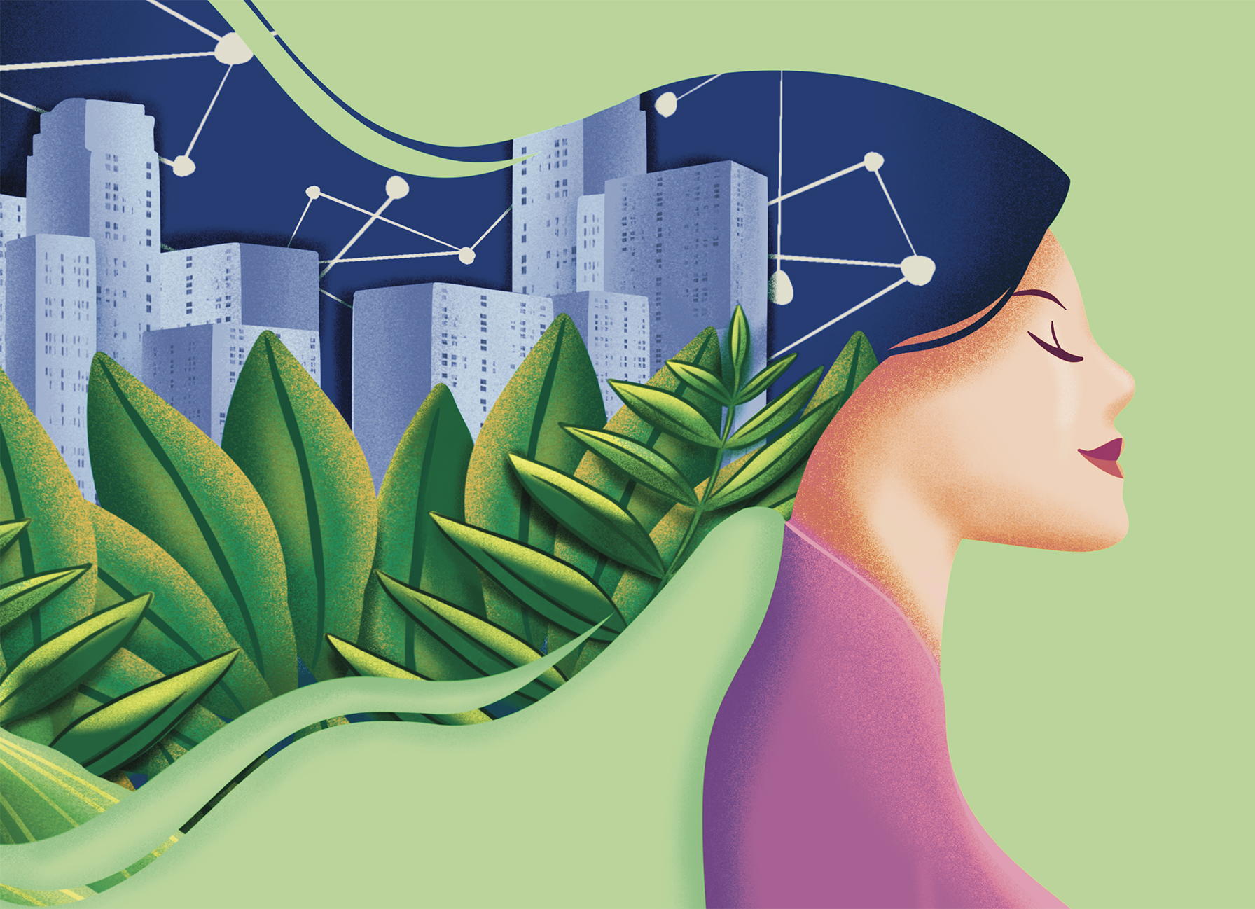 Illustration einer Frau im Profil mit geschlossenen Augen, deren Haare symbolisch in eine Landschaft aus Pflanzen, Hochhäusern und einem digitalen Netzwerk übergehen, was Natur, Urbanität und Technologie vereint.