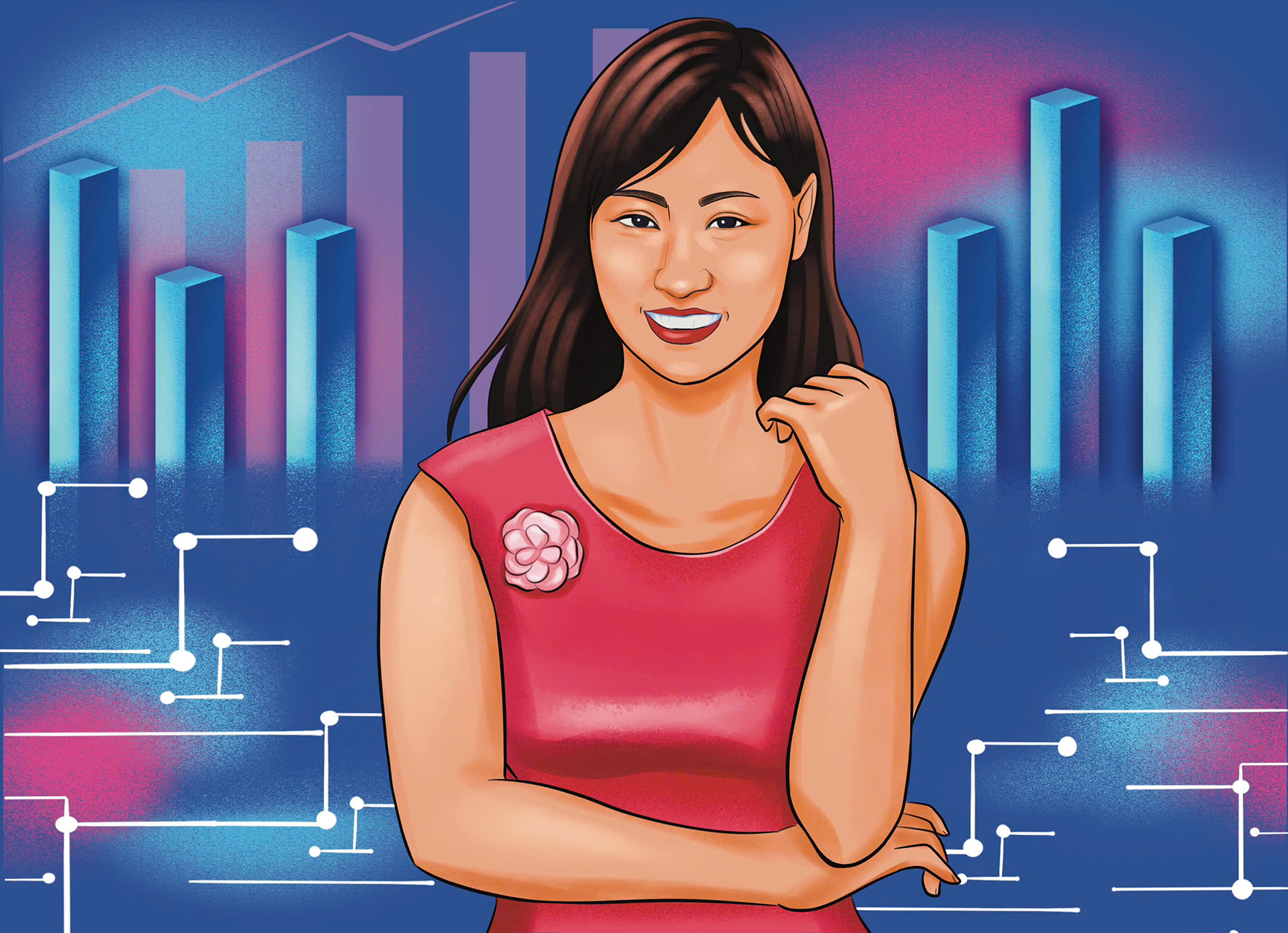 Illustration einer lächelnden Frau in einem pinken Kleid mit Blume, vor einem Hintergrund aus Balkendiagrammen und Schaltkreis-Symbolen, die technologische Kompetenz und Datenvisualisierung symbolisieren.
