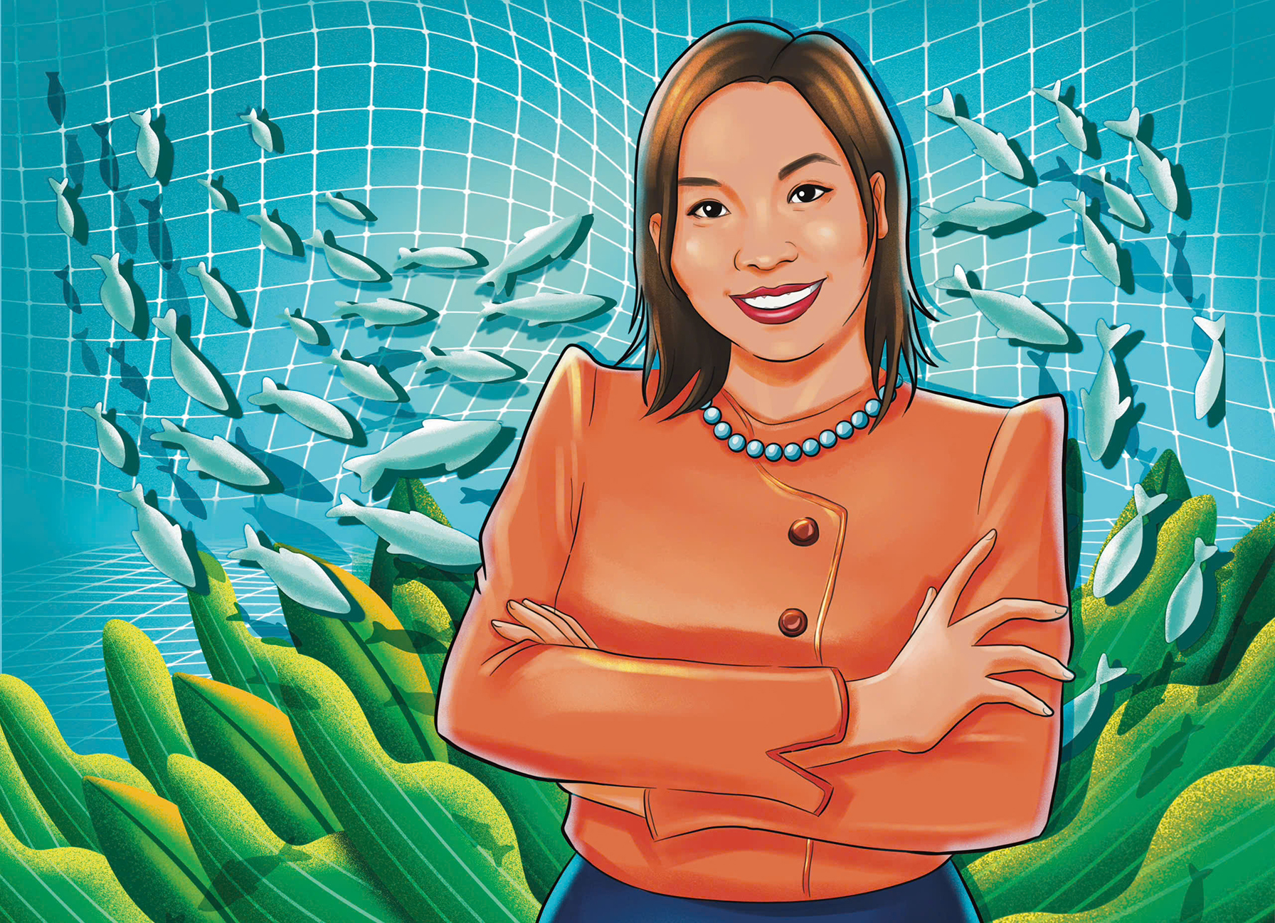 Illustration einer Frau in orangefarbener Bluse mit Perlenkette vor einem digitalen Unterwasserhintergrund mit Fischschwarm und Seetang, sinnbildlich für Meeresökologie und nachhaltige Fischerei.