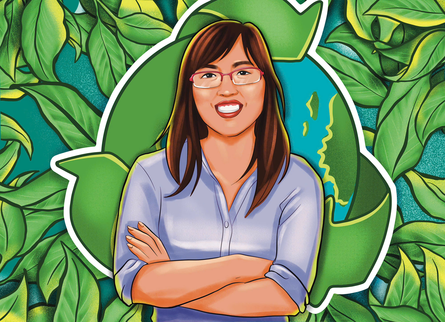 Illustration einer lächelnden Frau mit Brille vor einem Hintergrund aus grünen Blättern, Recycling-Symbol und Erdkugel, die Umweltbewusstsein und Nachhaltigkeit verkörpern.