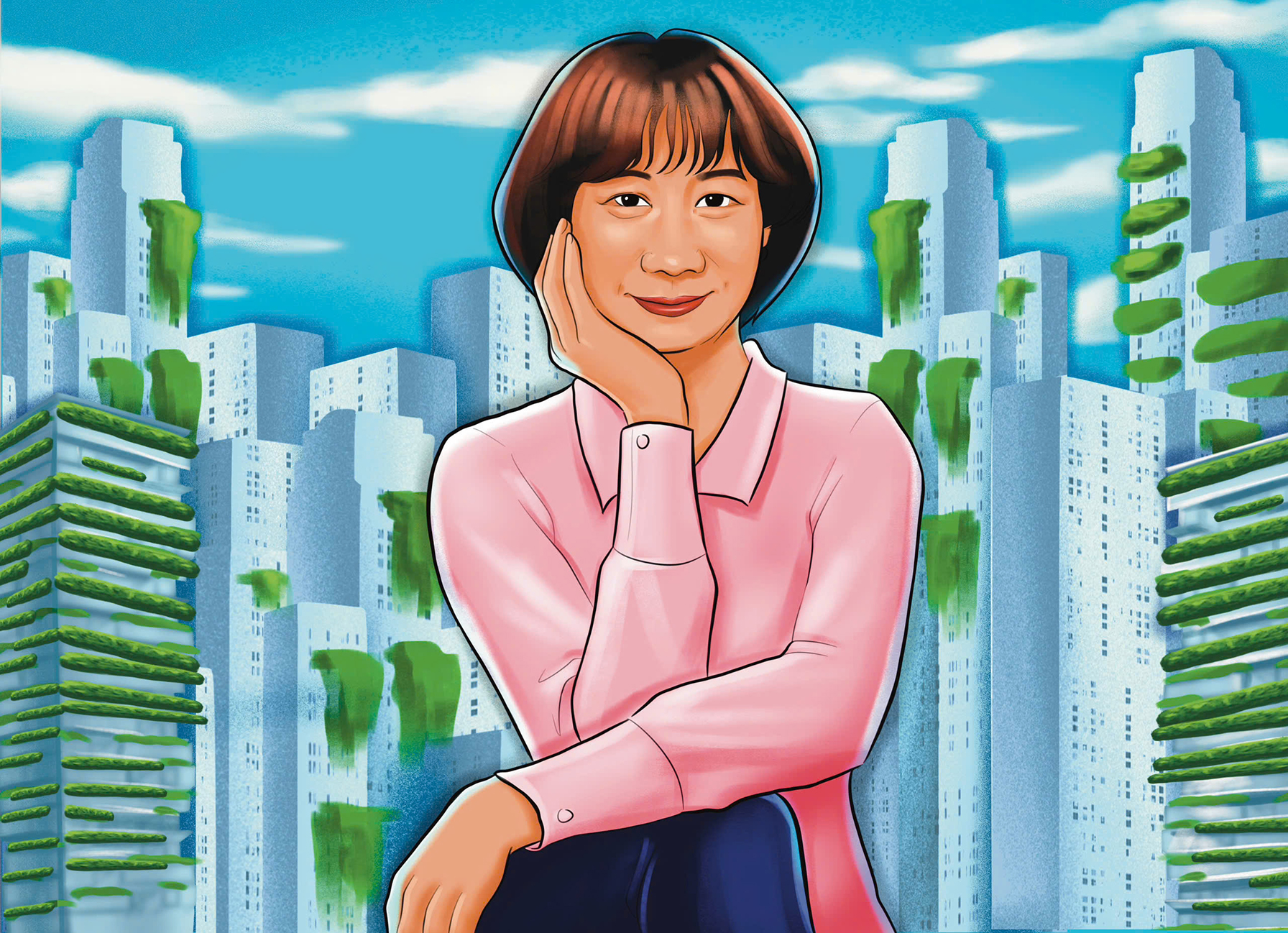 Illustration einer Frau in rosa Bluse vor futuristischen Hochhäusern mit vertikalen Gärten, die eine grüne Stadt der Zukunft symbolisieren.