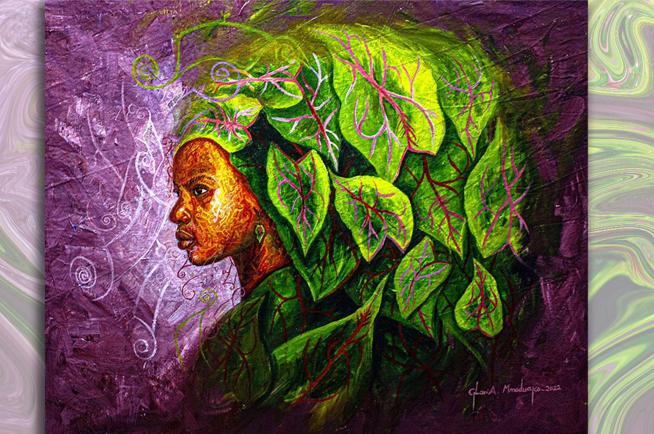 Lyrics of our Greatness is the name of the piece by Gloria Eberechukwu Mmaduako (acrylic on canvas, 75 cm x 60 cm) 