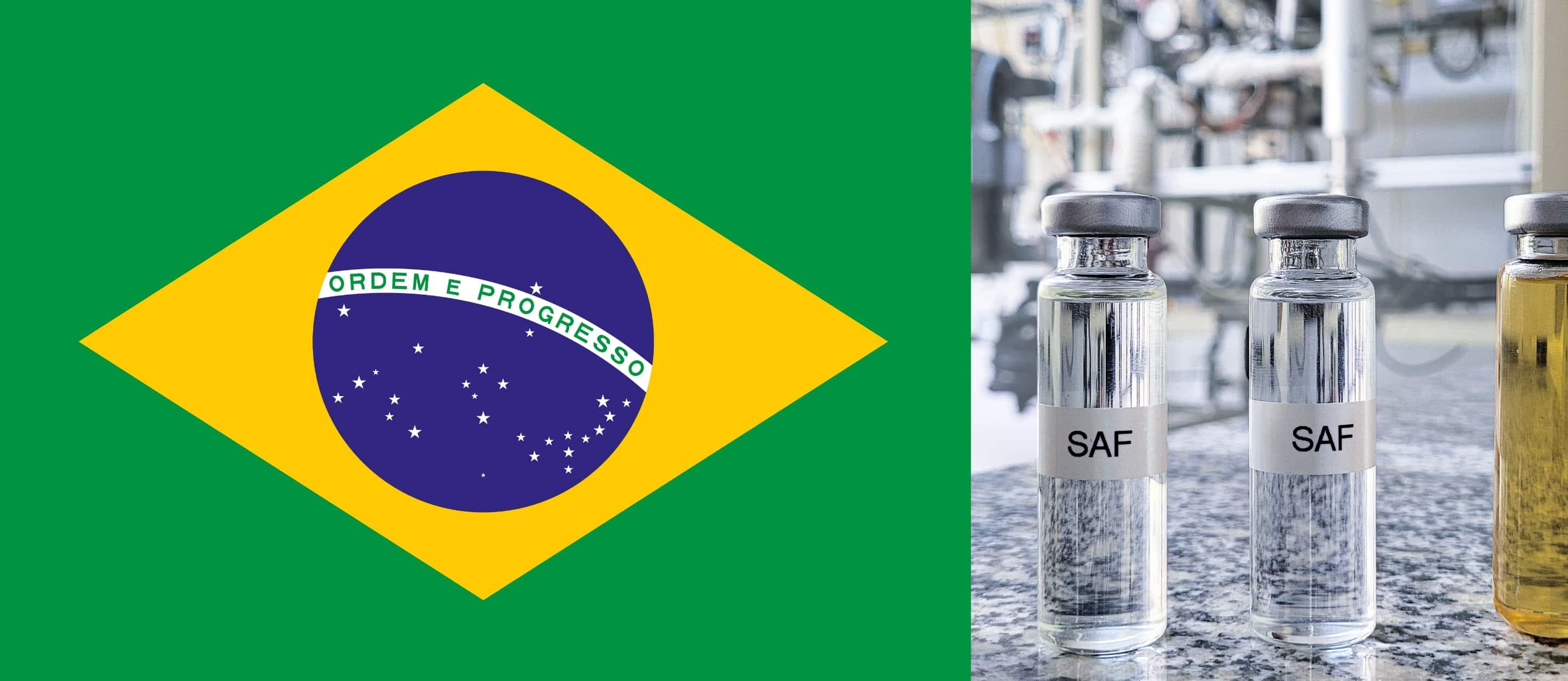NASA/Scientific Visualization Studio - Renata Moura/GIZ Brasil Die linke Bildhälfte zeigt die brasilianische Flagge, während rechts drei kleine Fläschchen mit der Aufschrift "SAF" vor einem unscharfen industriellen Hintergrund stehen.