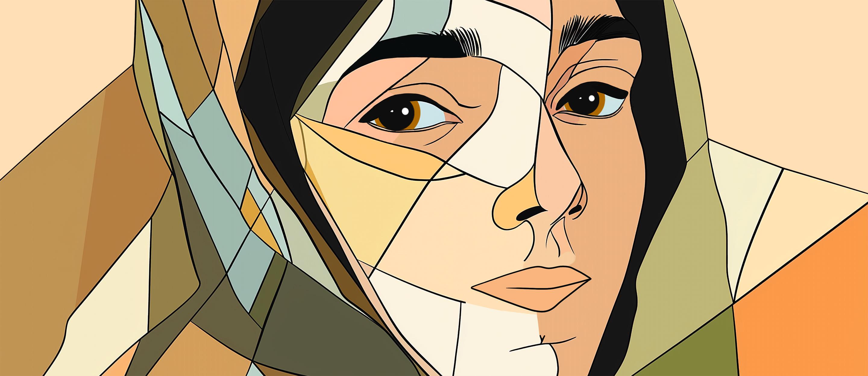 Polygonale Porträtillustration einer jungen Frau mit Kopftuch, stilisiert in geometrischen Flächen in Ocker-, Beige- und Grüntönen.