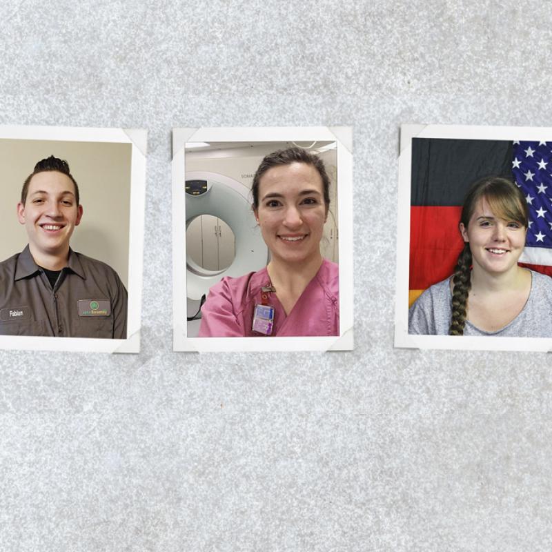 Das Bild zeigt eine Collage von fünf Polaroid-Fotos, die nebeneinander auf einer texturierten Oberfläche angeordnet sind. Von links nach rechts: Eine lachende Person in Winterkleidung, einen jungen Mann im Arbeitsanzug, eine lächelnde Frau in medizinischem Kittel, eine junge Frau vor einer US-Flagge, und einen jungen Mann im Pullover mit verschränkten Armen, der in die Kamera lächelt.