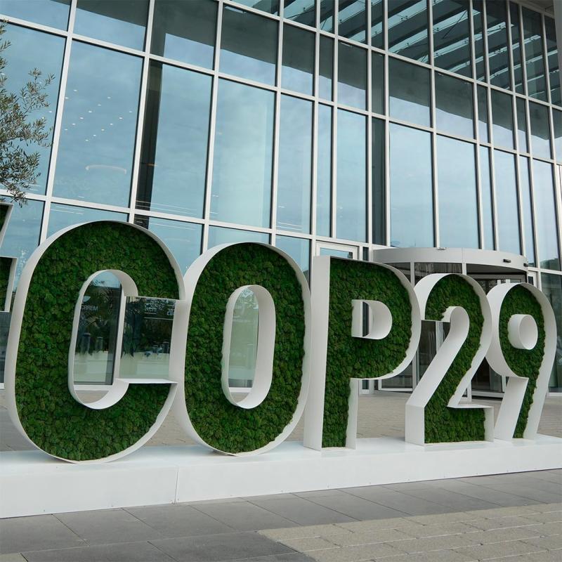 Das Bild zeigt ein großes "COP29"-Schild, dessen Buchstaben mit grünen Pflanzen gefüllt sind, vor einem modernen Glasgebäude.