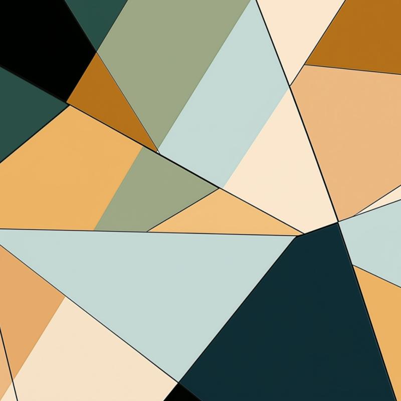 Abstrakte Komposition aus überlappenden Polygonen in gedeckten Tönen wie Grün, Beige, Schwarz und Ocker ohne erkennbare Figuren oder Objekte.