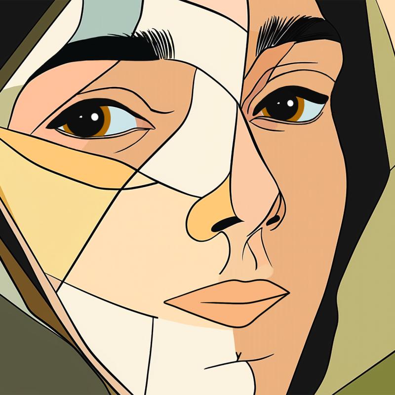 Polygonale Porträtillustration einer jungen Frau mit Kopftuch, stilisiert in geometrischen Flächen in Ocker-, Beige- und Grüntönen.
