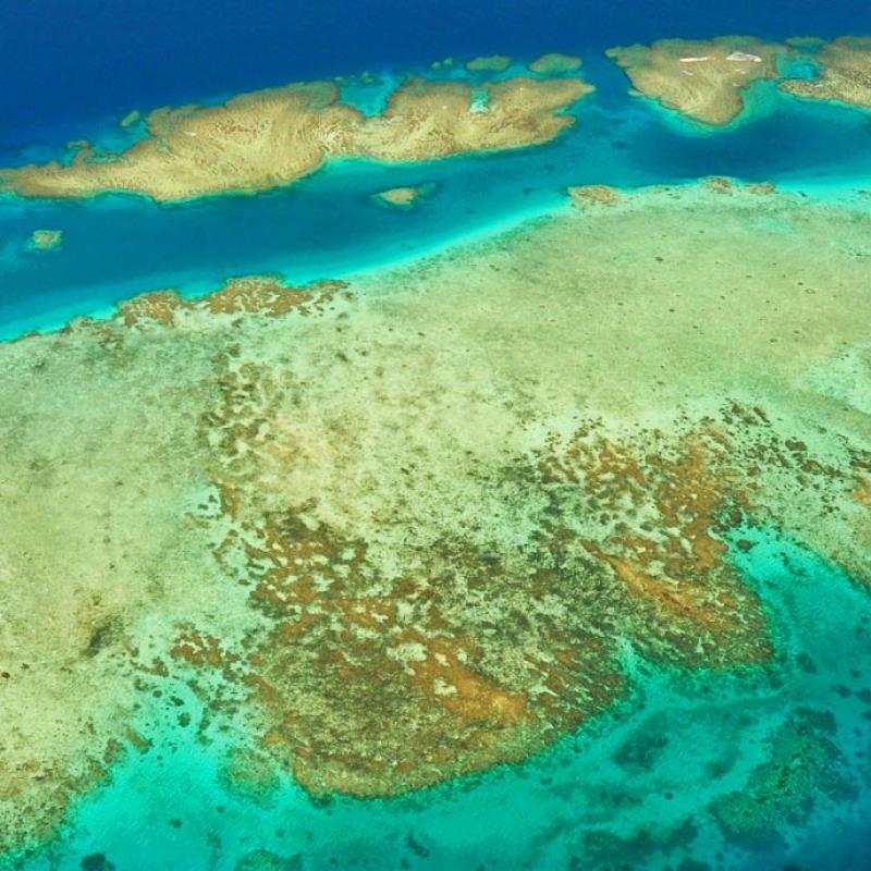Luftaufnahme eines Korallenriffs, das Teil der Fidschi-Inseln ist, mit klarem türkisfarbenem und dunkelblauem Meerwasser.