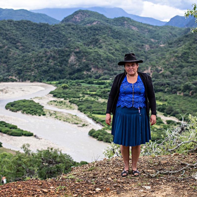 Bolivianische Frau steht vor Bergpanorama
