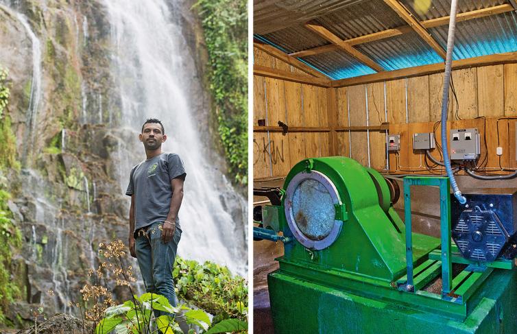 The ‘micro-turbina’ at Ocote Tuma (right) has brought a huge economic upturn. Its power source is a waterfall above the village (left).