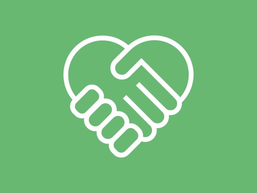 Ein grünes Icon mit einem stilisierten weißen Herz, das aus zwei ineinandergreifenden Händen geformt ist.