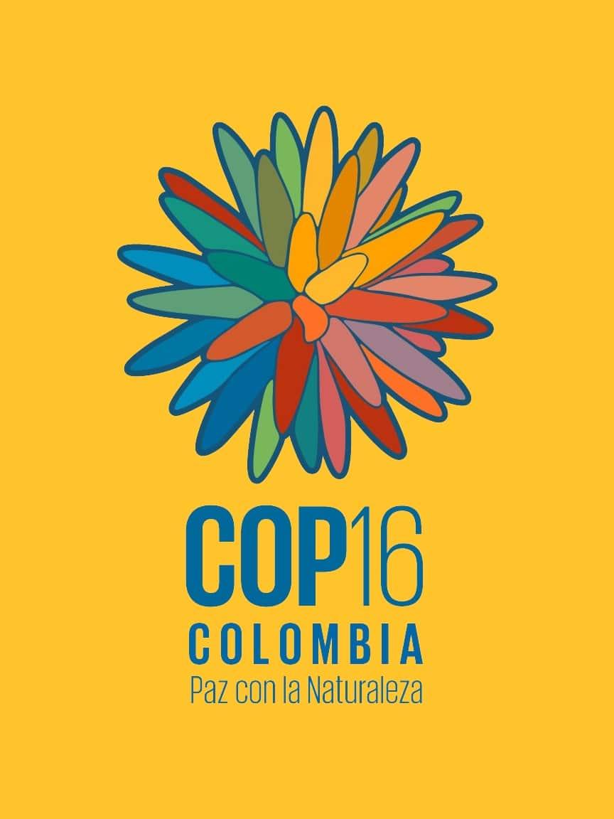 Logo der COP16 in Kolumbien mit bunter, stilisierter Blume auf gelbem Hintergrund und dem Schriftzug „COP16 Colombia – Paz con la Naturaleza“.