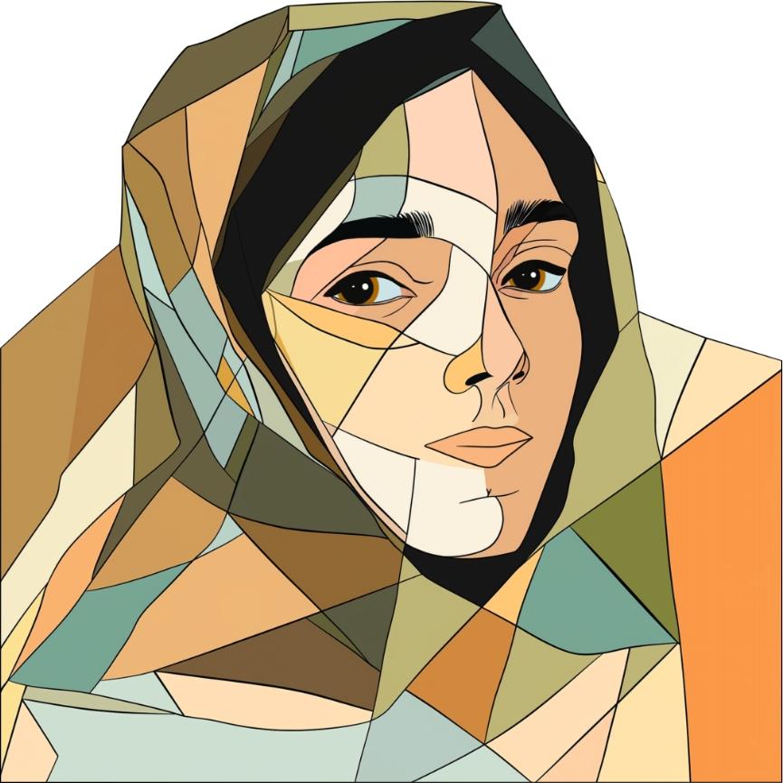 Polygonale Porträtillustration einer jungen Frau mit Kopftuch, stilisiert in geometrischen Flächen in Ocker-, Beige- und Grüntönen.