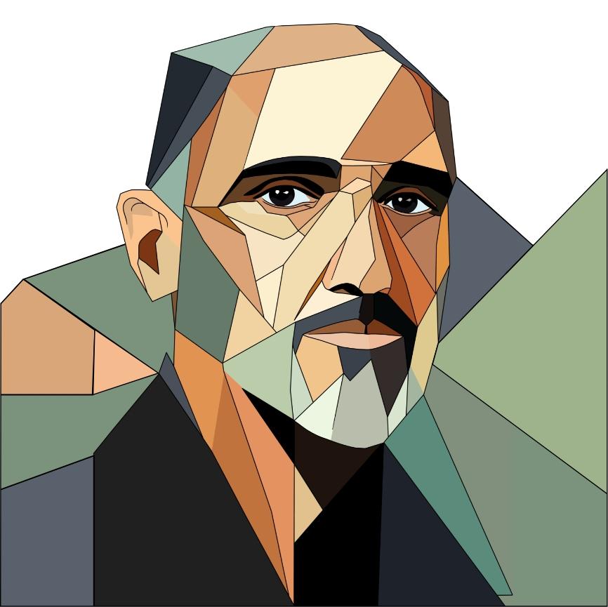 Polygonale Porträtillustration eines Mannes mit Bart und ernster Miene, bestehend aus farblich abgestuften geometrischen Flächen.
